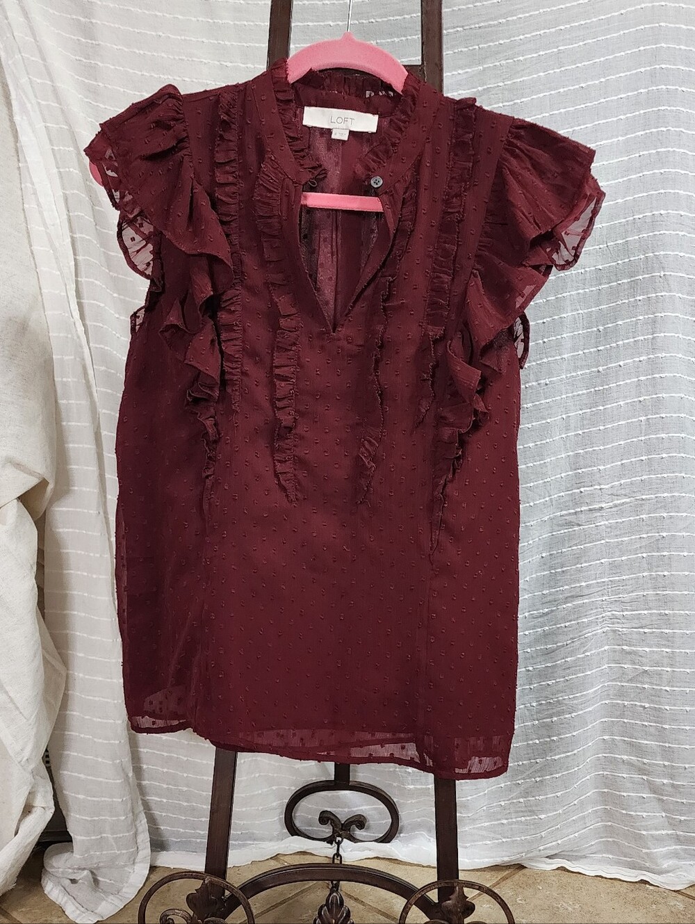 LOFT Burgundy Ruffle Swiss Dot Sleeveless Blouse
